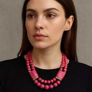 Vintage Beaded Necklace Two Strand Two Barrel Shaped Beads Pink Gold Tone